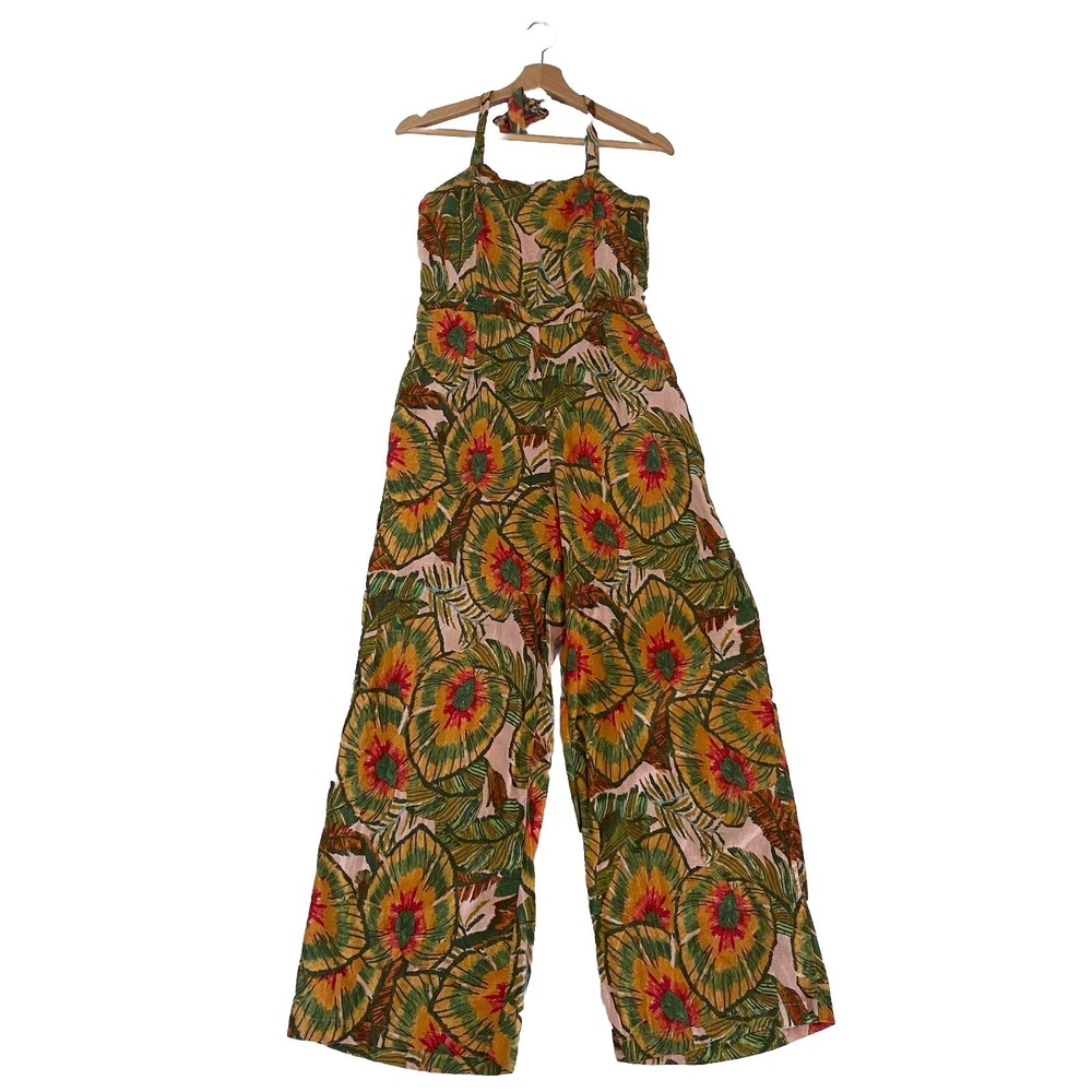 Cynthia Rowley Pink Green Tropical Wide Leg Jumpsuit Medium Holiday Resort Linen